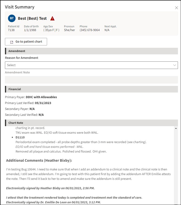 Visit Summary window showing patient example.